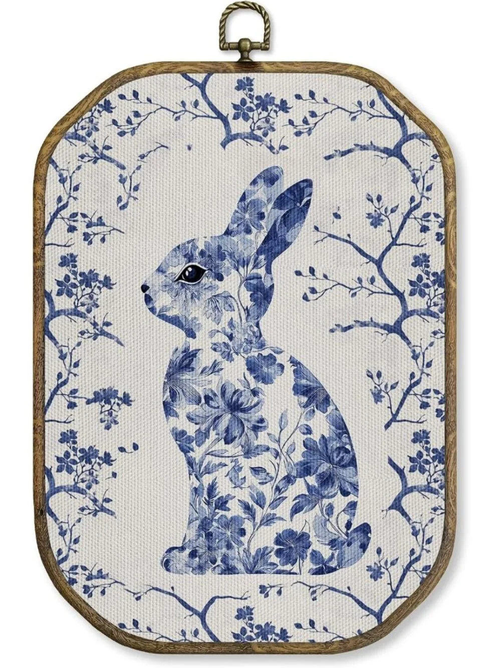 Vintage Chinoiserie Bunny Wall Art Decor | Blue & White Floral Canvas Print